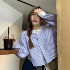 条纹长袖衬衫女春秋季防晒休闲宽松短款外套慵懒风高质量跨境批发