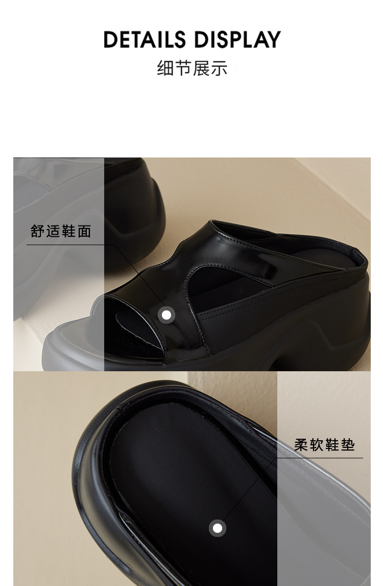 Dép xỏ ngón nữ đế dày da thật 8cm phong cách platform hở mũi — đen, bạc chi tiết 17