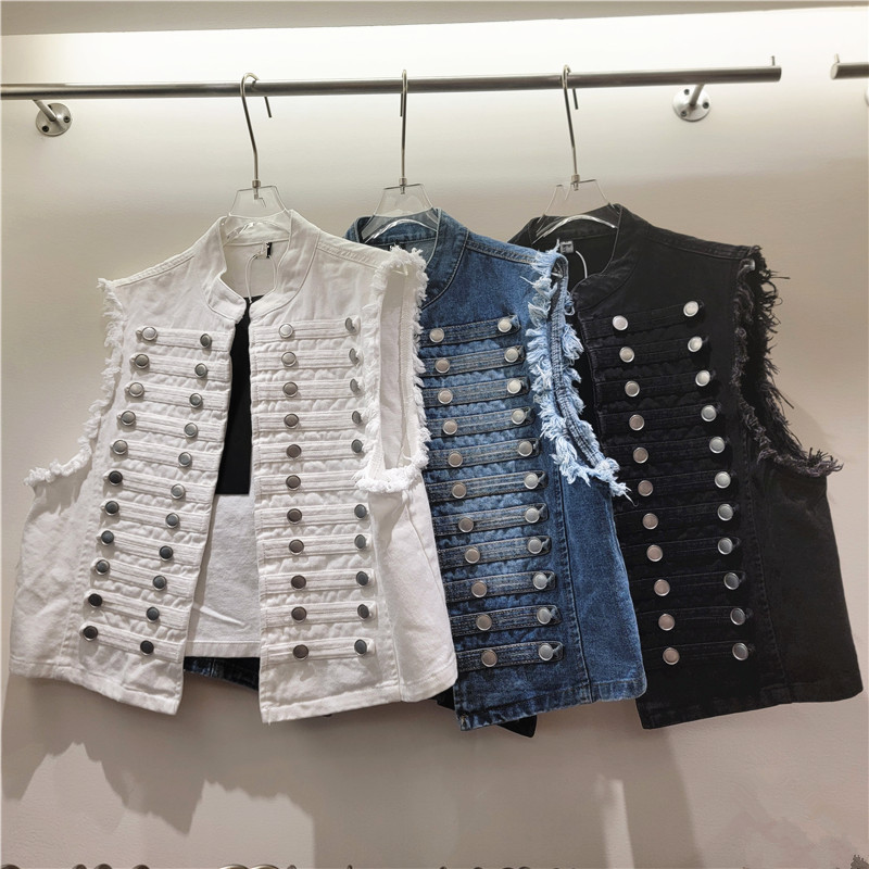2026 nuevo retro británico costillas de abrazadera de agua hace viejos jeans clip chaleco con abrigo corto para mujeres image 1