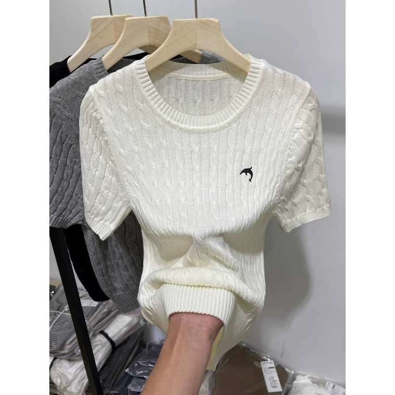 Retro knitted sweater with a round collar, summer T-shirt, brace, with embroidery