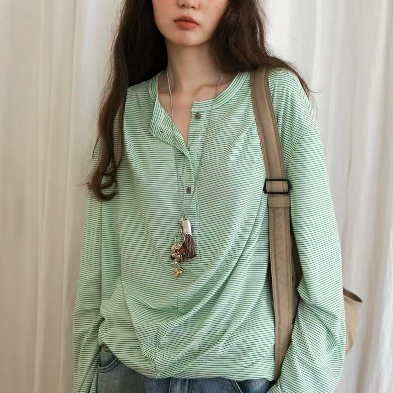Breathable Lyocell Color-Block T-Shirt for Women, Fall 2025, Striped Loose Design with Pleated Henry Collar, Long-Sleeve Blouse Breathable Lyocell Color-Block T-Shirt for Women, Fall 2025, Striped Loose Design with Pleated Henry Collar, Long-Sleeve Blouse