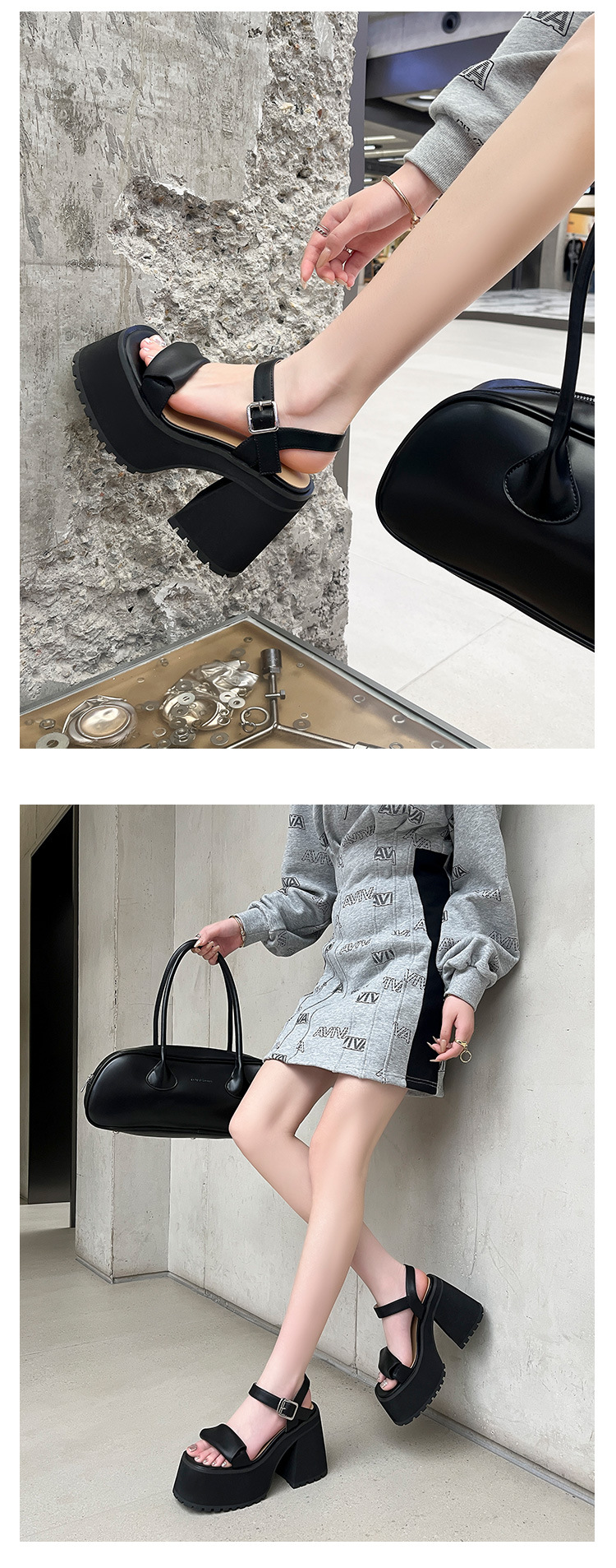 Sandal quai ngang đế dày gót vuông phong cách La Mã, đế platform tăng chiều cao, siêu nhẹ không mỏi chân — Màu đen chi tiết 7