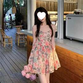 高腰气质显瘦碎花吊带连衣裙仙女春夏季法式小个子新款a字短裙子