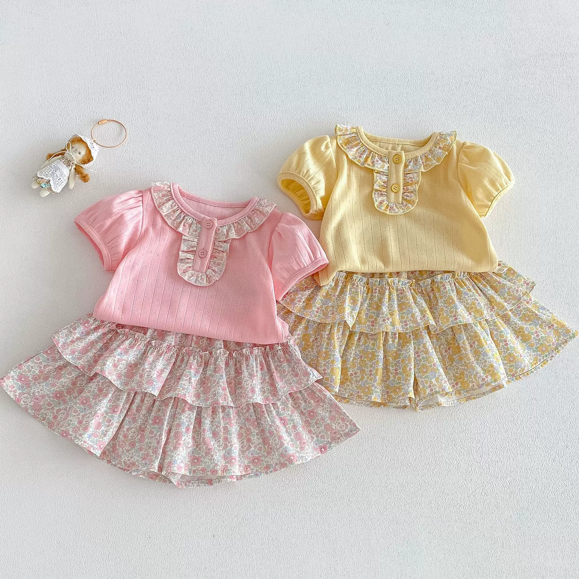 宝宝花边领T恤2026新款夏季女童韩版泡泡袖上衣可爱碎花半身裙潮