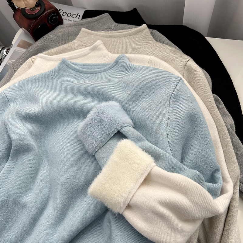 Soft Cotton fleece-lined Sweater Half-turtleneck Base Shirt Women's Autumn and Winter Thickened One-piece Velvet Gentle Solid Color Knitted Warm Top Soft Cotton fleece-lined Sweater Half-turtleneck Base Shirt Women's Autumn and Winter Thickened One-piece Velvet Gentle Solid Color Knitted Warm Top