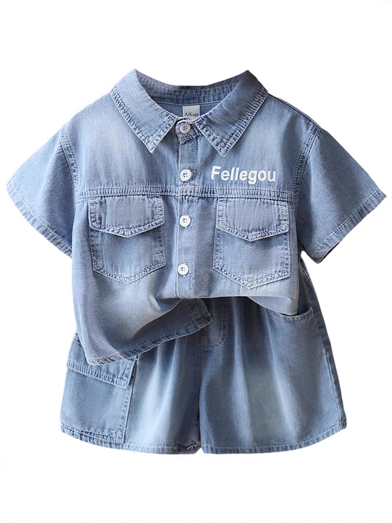 7215 Traje de verano para niños Camisa de mezclilla de color claro de manga corta Traje de dos piezas Hermoso traje para niños Ropa delgada de verano