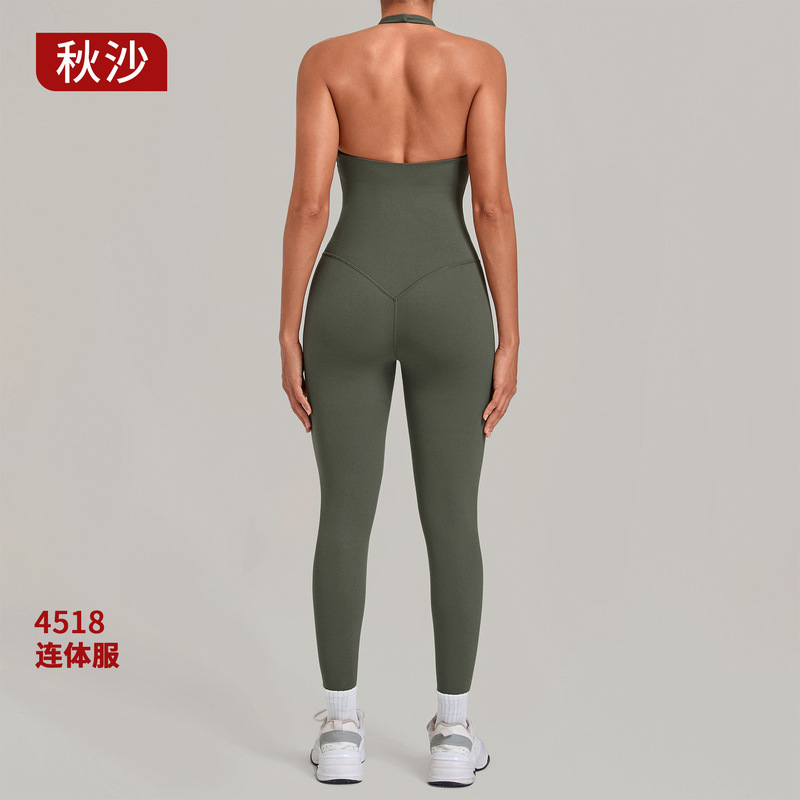 Autumn Sand V-neck Sleeveless Long Pants Fitness Wear Tight-fitting Backless Halter Yoga Sports Jumpsuit 4518 Autumn Sand V-neck Sleeveless Long Pants Fitness Wear Tight-fitting Backless Halter Yoga Sports Jumpsuit 4518