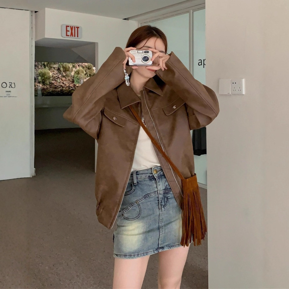 Jacket 2026 Spring and Autumn New Old Money Style Women's Melard Outfit Western Travel Autumn American Style Coffee Color Leather Jacket