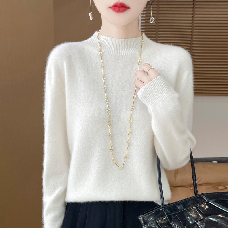 Australian Merino First-Line Ready-To-Wear All-Wool Sweater for Women, Half-High Neck Knit, Solid Color Base Layer, Fine Wool Sweater