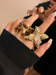 European and American Instagram-style personalized exaggerated metal texture rings, Meilade tiger eye stone butterfly wing stacked rings