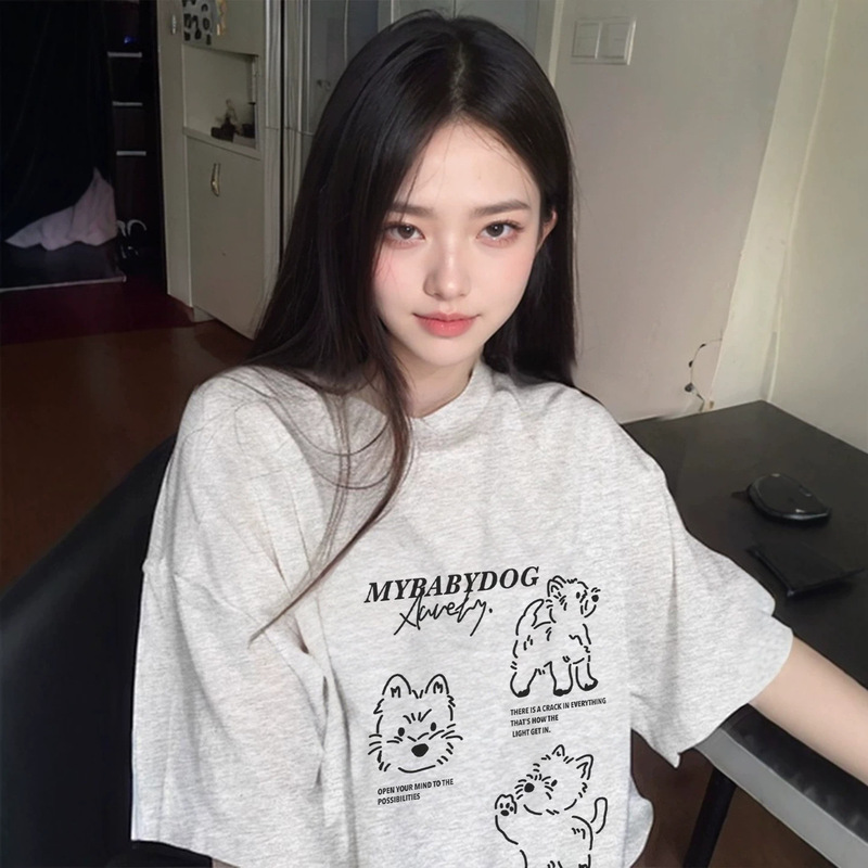 White and Gray Short-Sleeved T-Shirt for Women 2026 New Hot-Selling Season Pure Cotton Loose Half-Sleeved Super Nice Unique and Beautiful Top