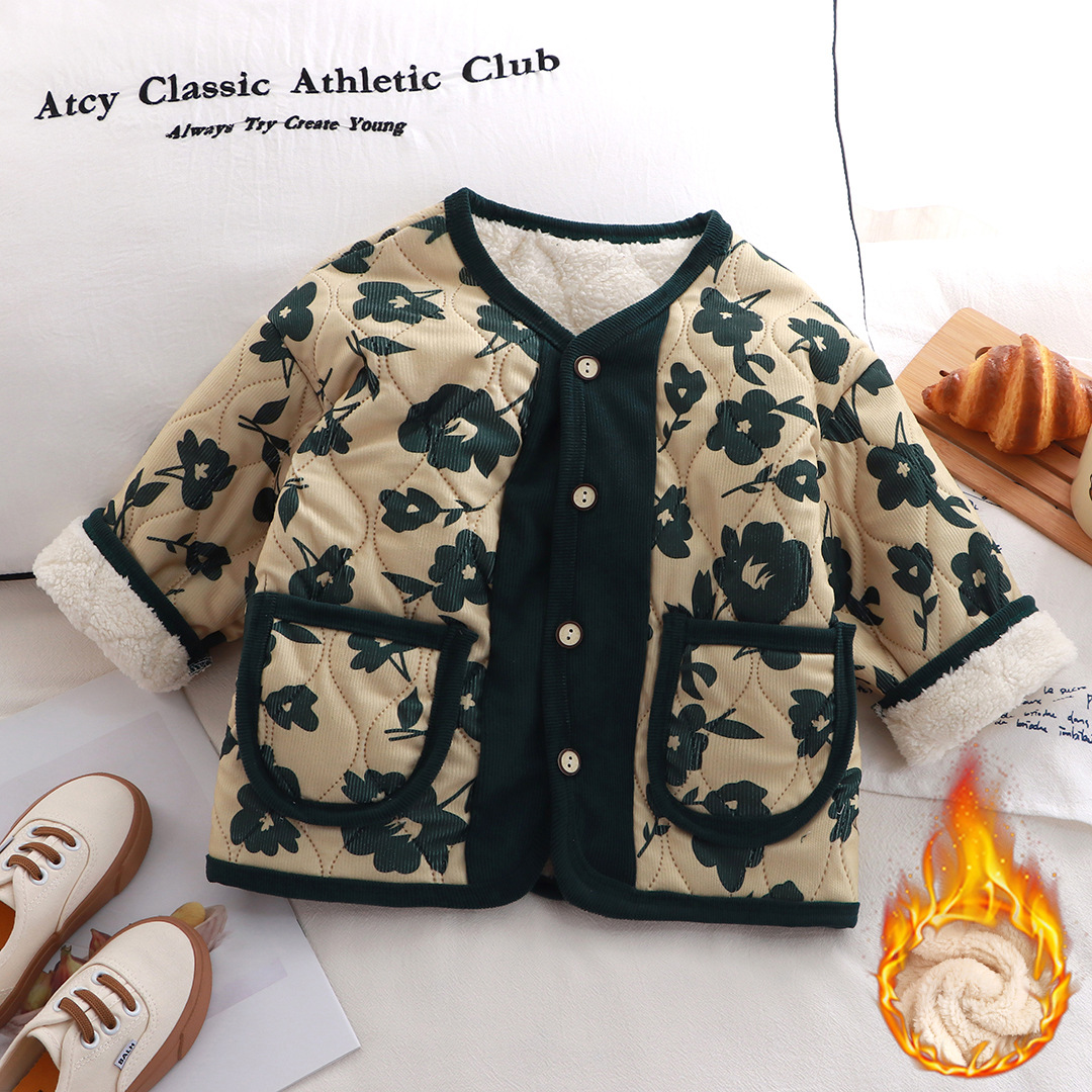 Capa de algodón caliente de tres capas para niños, ropa de algodón vintage suelta y ropa de algodón caliente para niños mayores