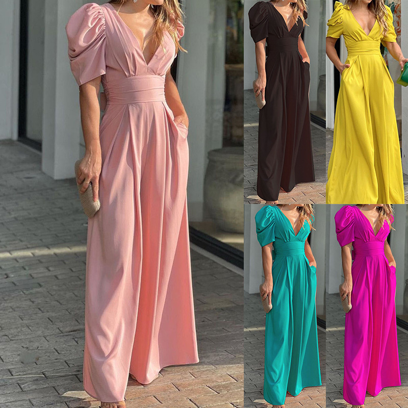 2025 primavera estilo transfronterizo de mujer mono europeo y americano cuello en V simple color sólido con cordones mono de pierna ancha para mujer