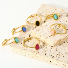 欧美跨境18K钛钢戒指女款简约指环天然石不锈钢开口戒指批发开口