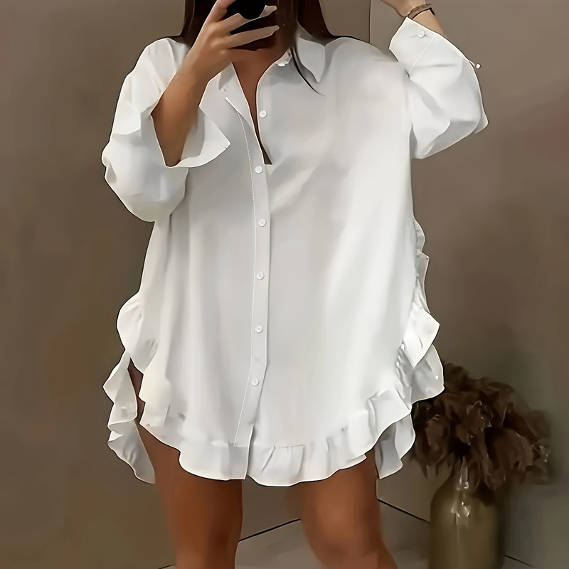 New Cross-border Trade European Size Women's Solid Color Loose Ruffled Hem Loose Shirt