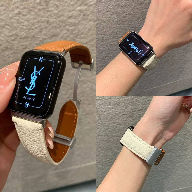 Ремешок для Apple Watch S10, узор личи, магнитное крепление, кожаный ремешок для Xiaomi 8/9 Pro, совместим с Fit3, красный