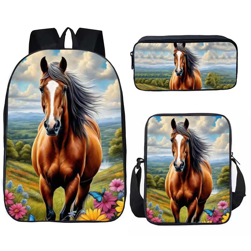 Cross-border new schoolbag suit backpack lunch bag pencil case animal horse pattern school primary school student men and women backpack