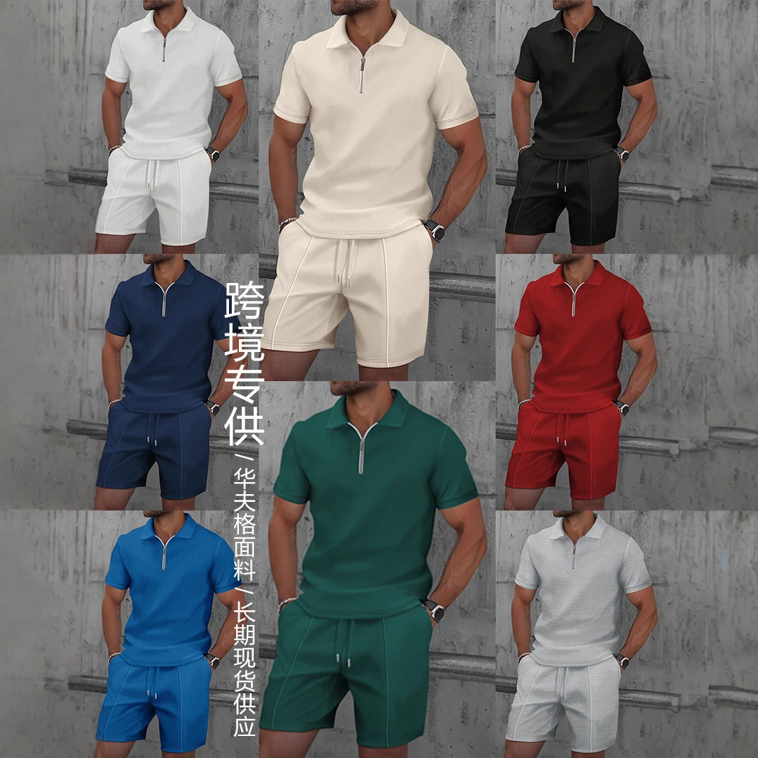 Waffle Trendy New Lapel Polo Men's Suit Short-Sleeved Shorts Casual Sports Suit Amazon Hot Style