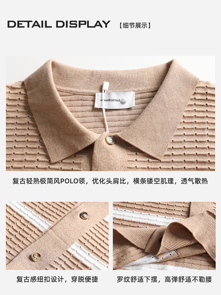 Polo de hielo de punto de hombre, camiseta de manga corta, hombre de verano viejo, estilo de alto nivel, camiseta de botón de negocios, camiseta de hombre