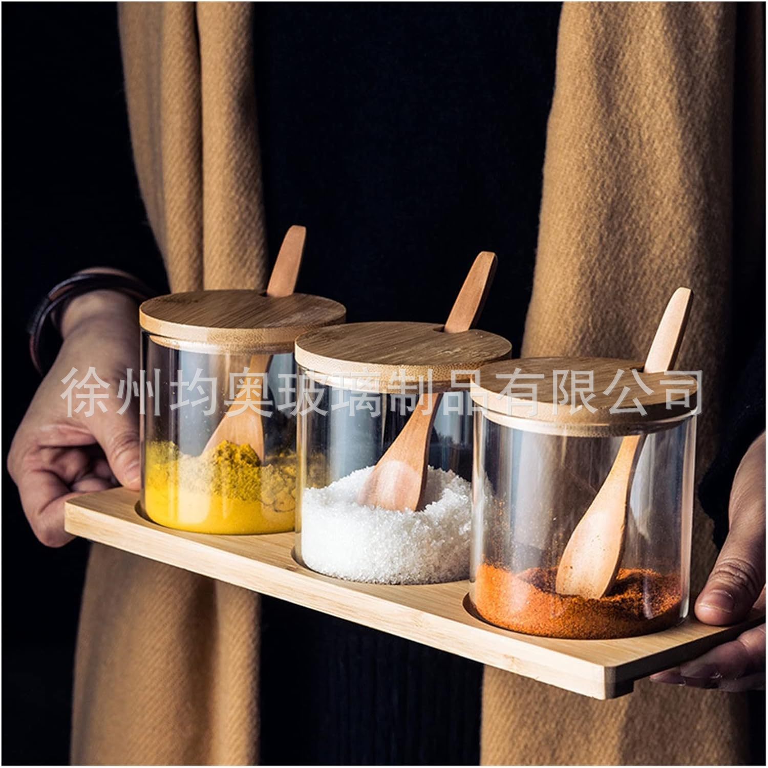 Juego de frascos de condimentos de vidrio con tapa de madera de bambú o acacia, elegante set de cocina