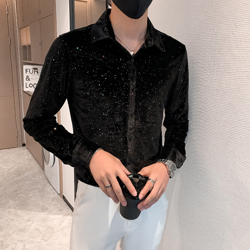 Spring 2024 long-sleeved men's starry sequined shirt social guy style casual business ruffle handsome personality cardigan shirt