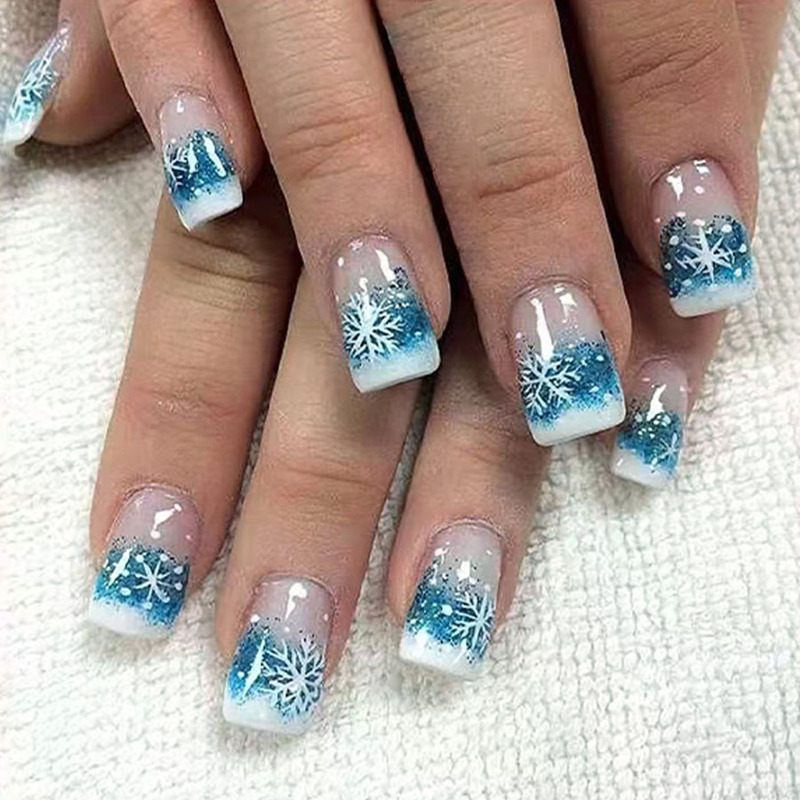 Simple Gradient Blue French Snowflake Glitter Cute Wear Armor Short Square Cross-border European and American Manicure False Nail Sticker