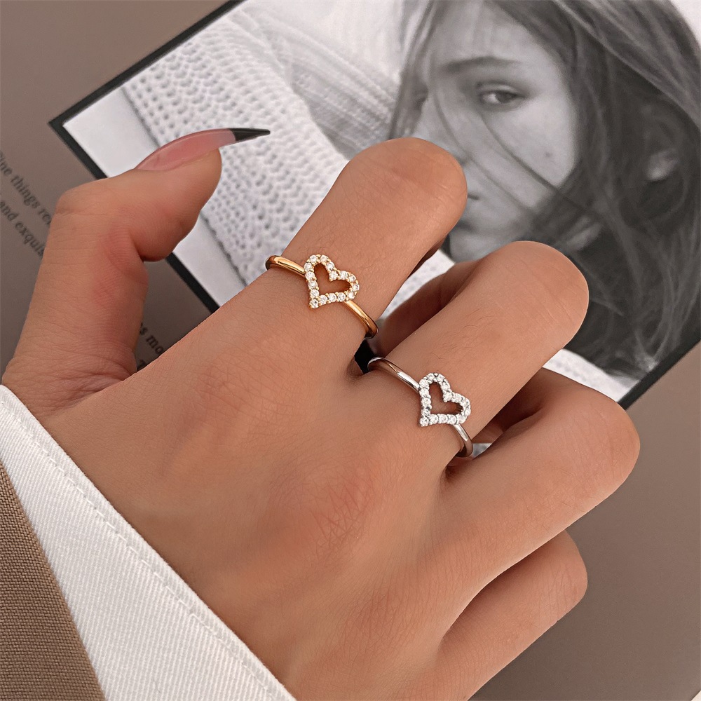 Fashion Heart Shape Copper Inlay Rhinestones Open Ring