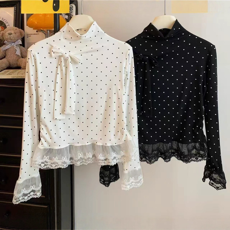 Spring Lace Polka Dot T-Shirt Women's Sweet Bow Half Turtleneck Long-Sleeved Slimming Look Bottoming Shirt Top