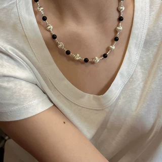 S925纯银韩版闪光车花球球项链黑玛瑙简约串珠时尚锁骨链银饰批发