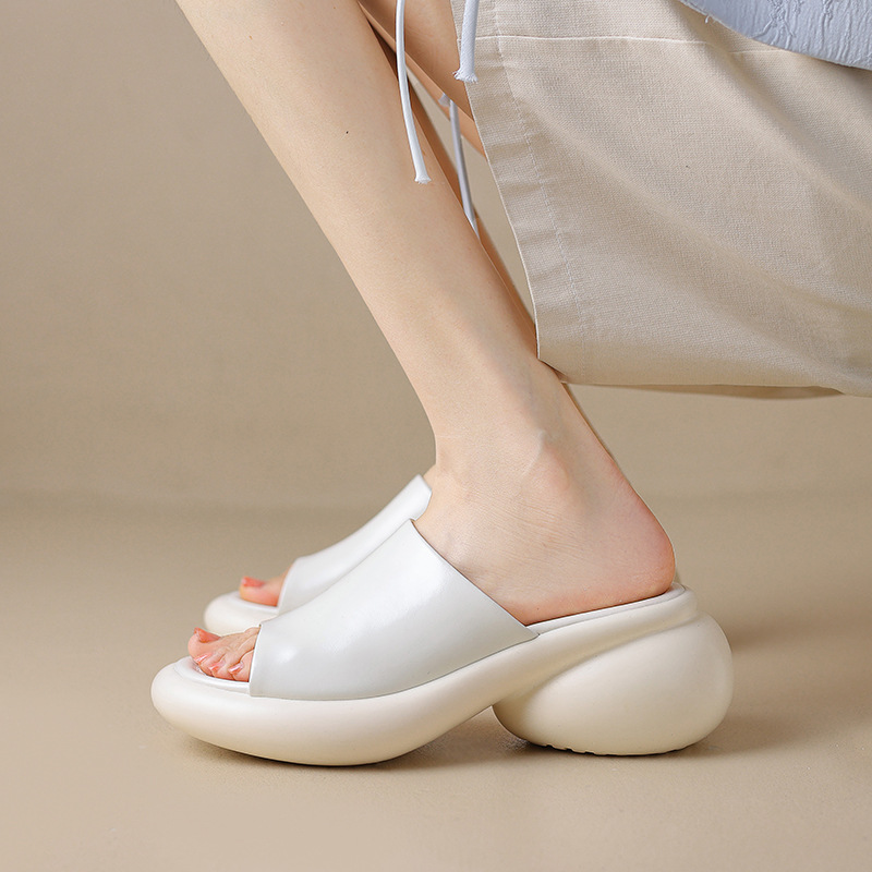 Dép sandal nữ quai chữ V đế dày da PU mũi hở — màu đen, màu trắng