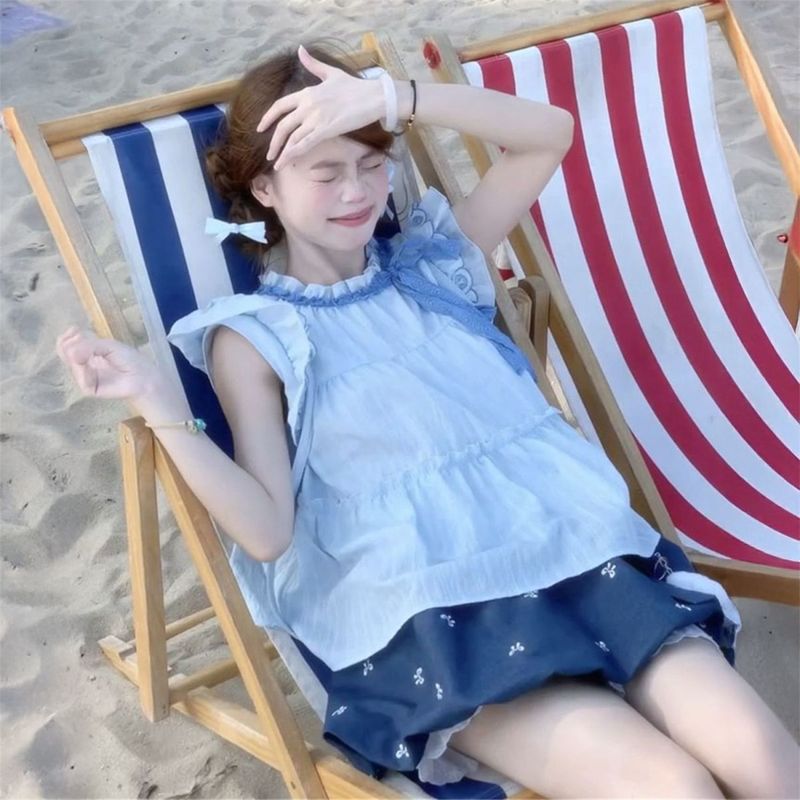 清凉一夏穿搭一整套蓝色显白小飞袖上衣+松紧高腰超仙短裙女学生|undefined
