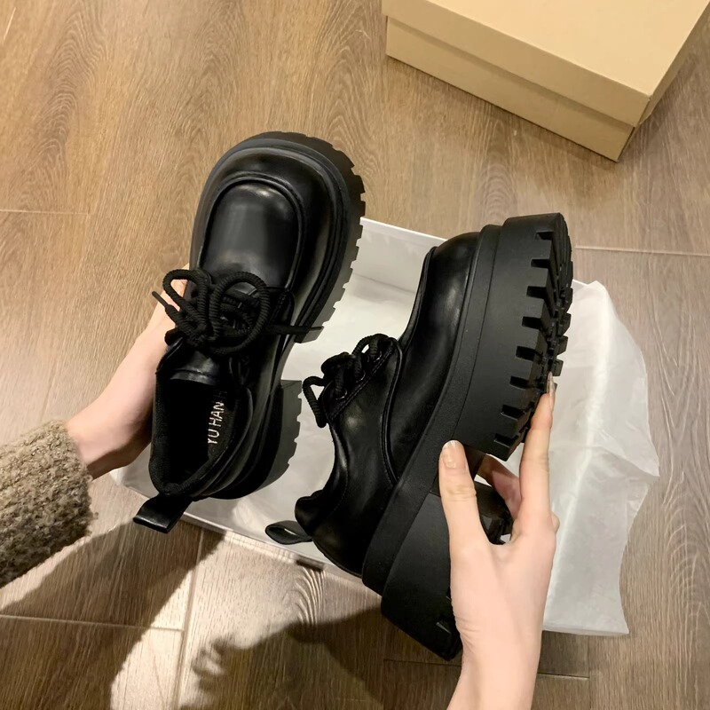 British style small leather shoes women 2025 new all-match spring and autumn lace-up jk with skirt thick bottom fleece-lined single shoes