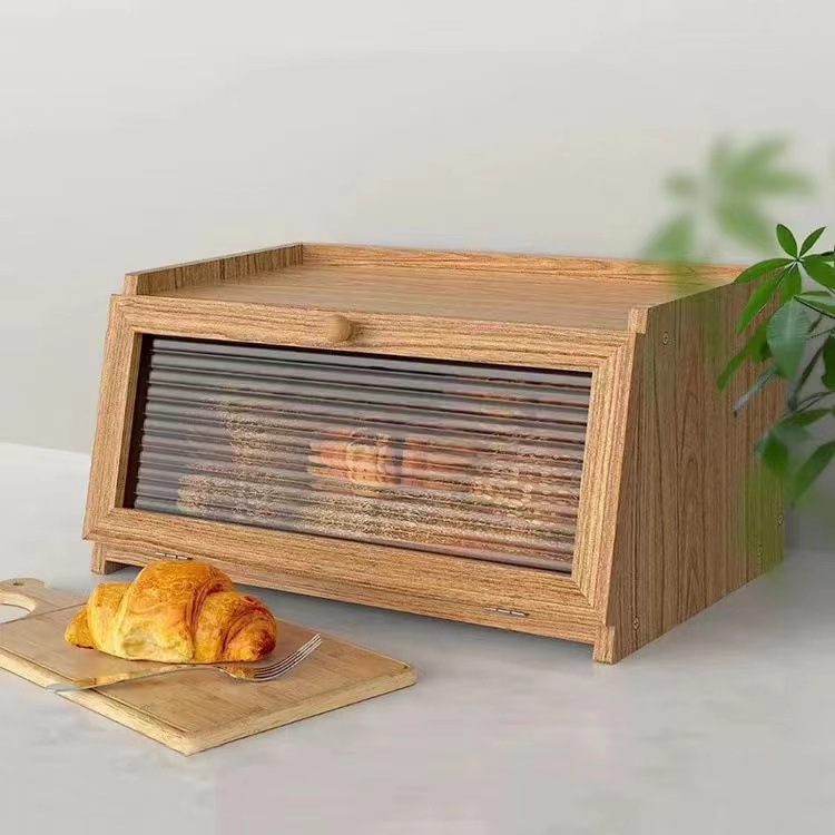 Caja de pan de madera de viento de troncos Cocina con tapa Pastel de dim sum Caja de almacenamiento de madera maciza Caja de almacenamiento de frutas para el hogar