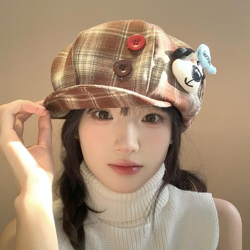可爱复古纽扣前进帽女春秋百搭小众画家y2k亚文化格子帽贝雷帽子|undefined
