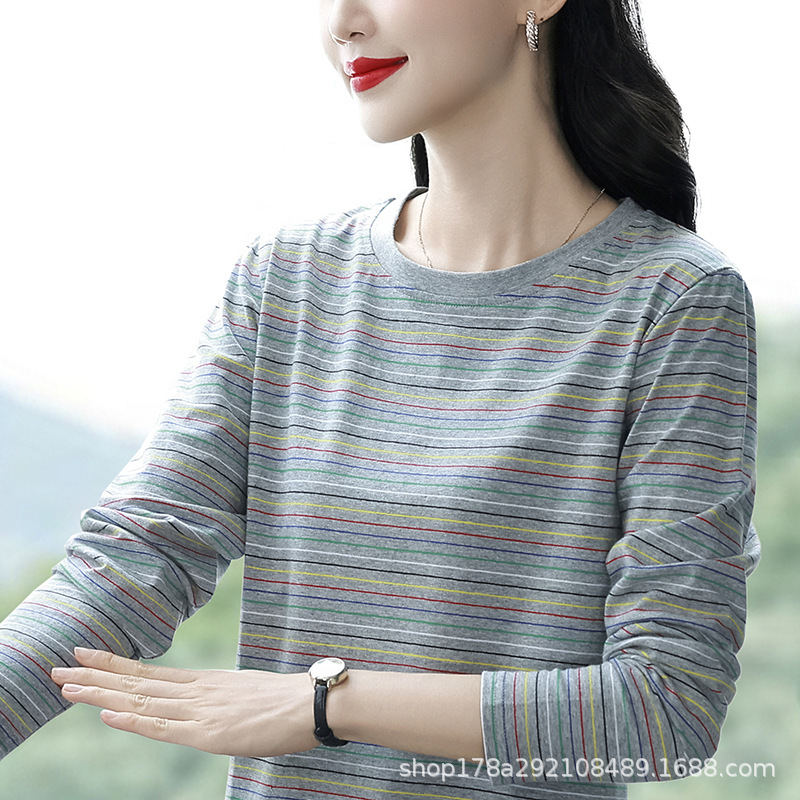 长袖t恤女士纯棉中老年女装春装新款洋气大码宽松内搭外穿打底衫|undefined