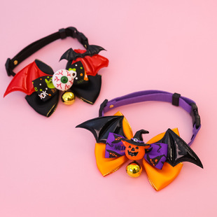 Halloween Bow Ties Pet Collar Cat Dog Bell Adjustable Jewelry Ghost Festival Bat Wings Eyeball Large Dog