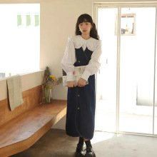 两件套慵懒风牛仔背带连衣裙条纹衬衫套装女秋季韩系长款显瘦裙子