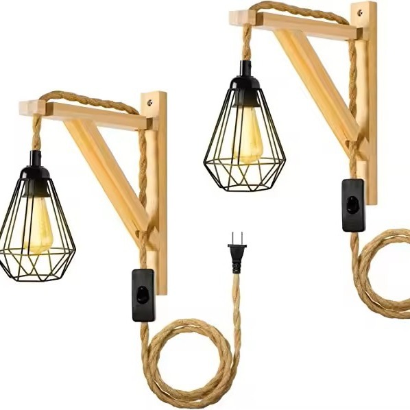 Casa de granja 2 conjuntos de lámparas de lámpara enchufables soporte de pared de madera y cable de lámpara colgante de madera triángulo torta de soporte de lámpara de pared cable de trenzado