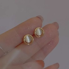 韩版猫眼石耳钉小众设计S925纯银猫眼石耳钉女高级感几何圆形耳环