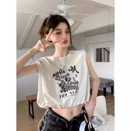 美式复古辣妹正肩无袖T恤女夏季小个子宽松显瘦短款抽绳背心上衣