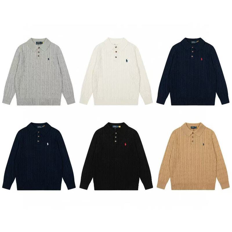High-Quality Scanable Rl Ralph Lauren Horse Logo Men's and Women's Polo Shirts Knitted Long-Sleeved Small Twist Lapel Tops
