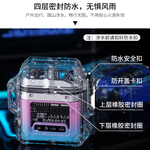 Factory Direct Selling Transparent Waterproof Cigarette Lighter with Fast Charging Arc Ignition, Outdoor LED Lighting, Cross-border Portable lighter