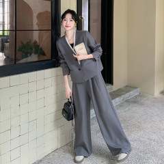 灰色韩系轻熟风小西装套装女秋季2025新款气质高级感阔腿裤两件套