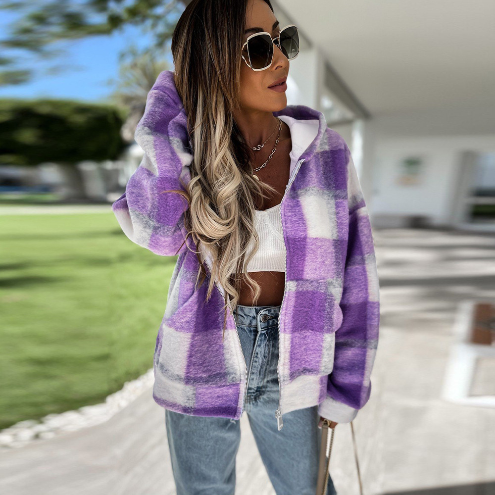 women's loose plaid woolen multicolor hooded jacket nihaostyles clothing wholesale NSXPF72447