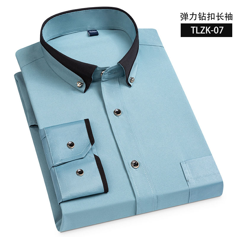 Camisa elástica de manga larga antiarrugas hebilla de diamante contraste color collar hombres de negocios casual Four Seasons camisa de bolsillo para hombre