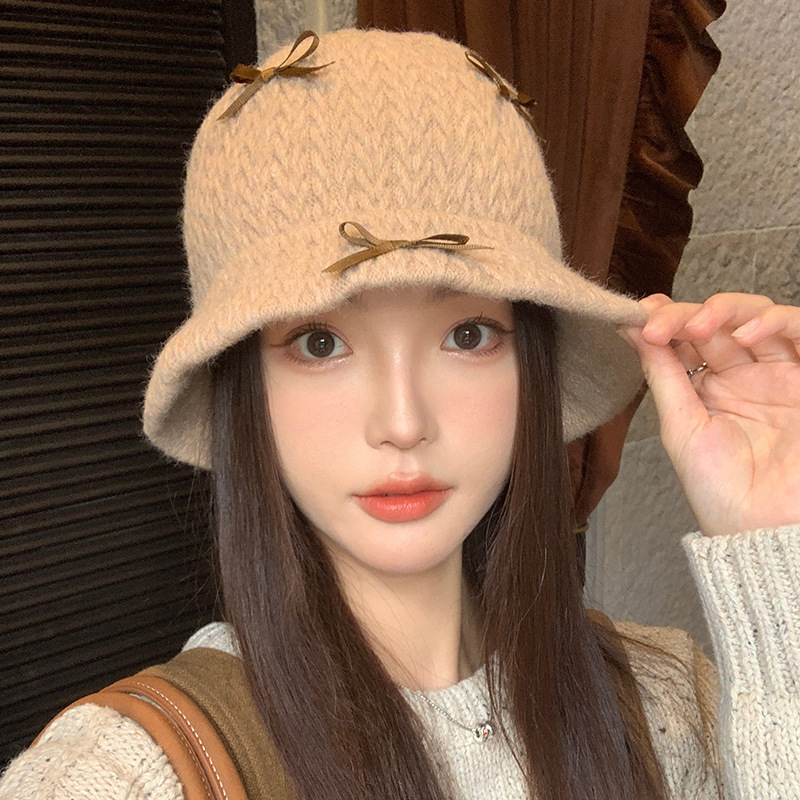 甜美蝴蝶结针织渔夫帽子女秋冬季加厚保暖毛线冷帽显脸小百搭盆帽|undefined