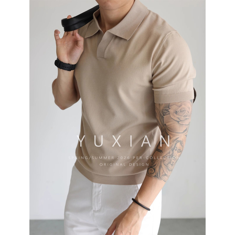 Polo Shirt V Neck Short-Sleeved Knitwear Men's Seagull Collar British Business Summer Ice Silk T-Shirt Trendy Export Cross-Border Wholesale
