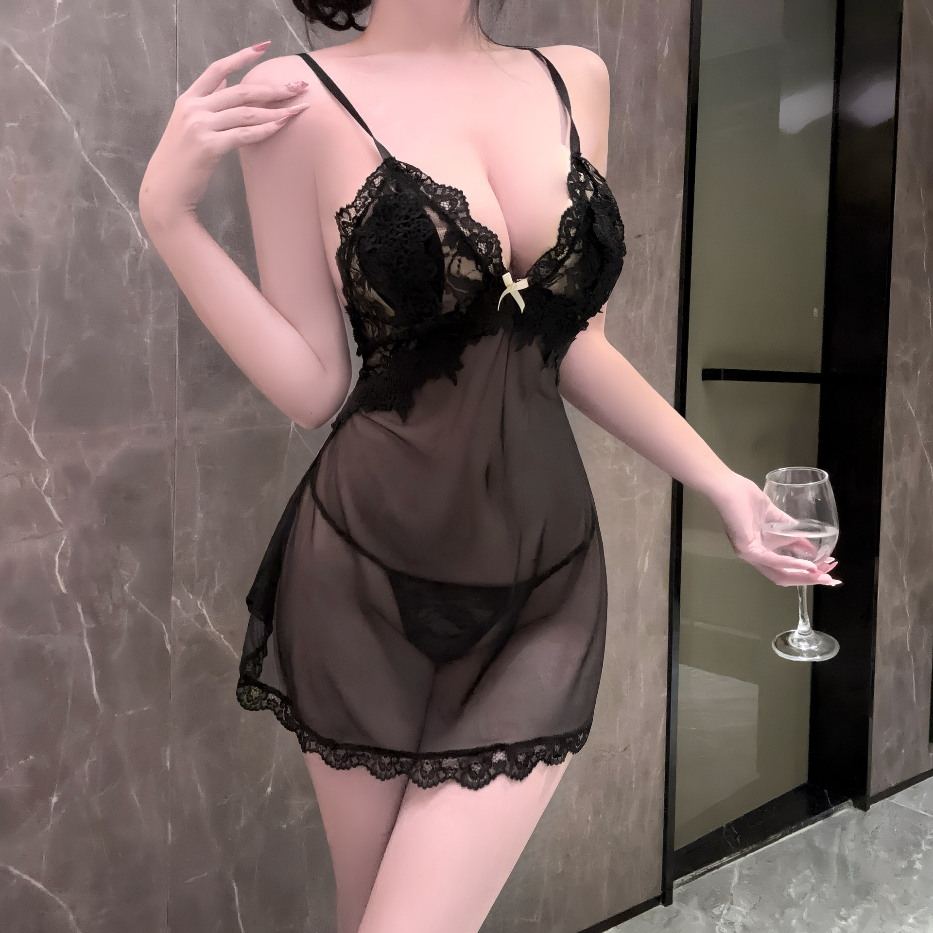 2024 New Sexy Lingerie High-End Sexy Pure Desire Suspender Nightgown Casual Lace Large Size Couple See-Through Pajamas