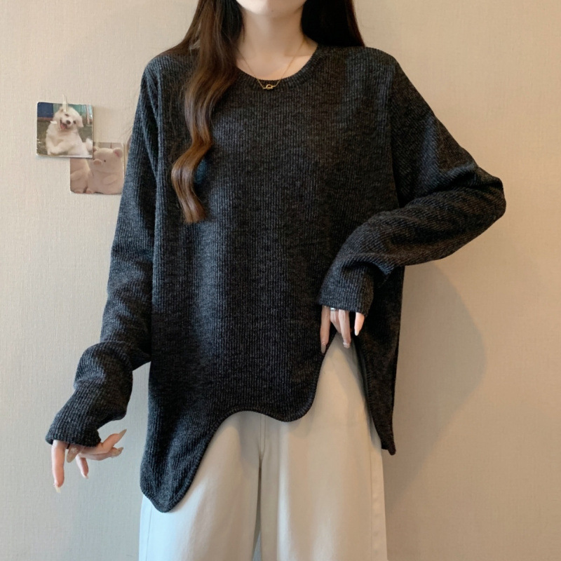 플러스 사이즈 핏 스레드 불규칙한 긴팔 티셔츠 여성용 가을과 겨울 새로운 여성 루스 탑