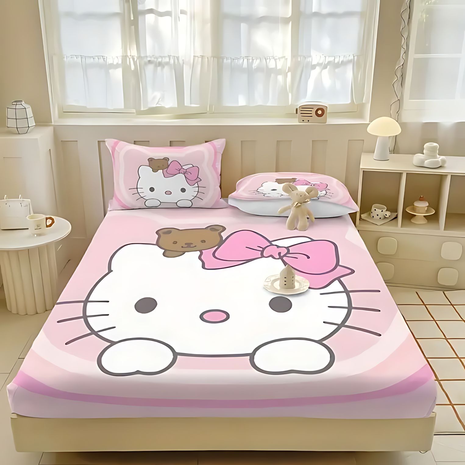 TEMU / JIT Cute Kitty serie de patrón de tema impresión digital 3D suave cama cómoda gaza almohada set